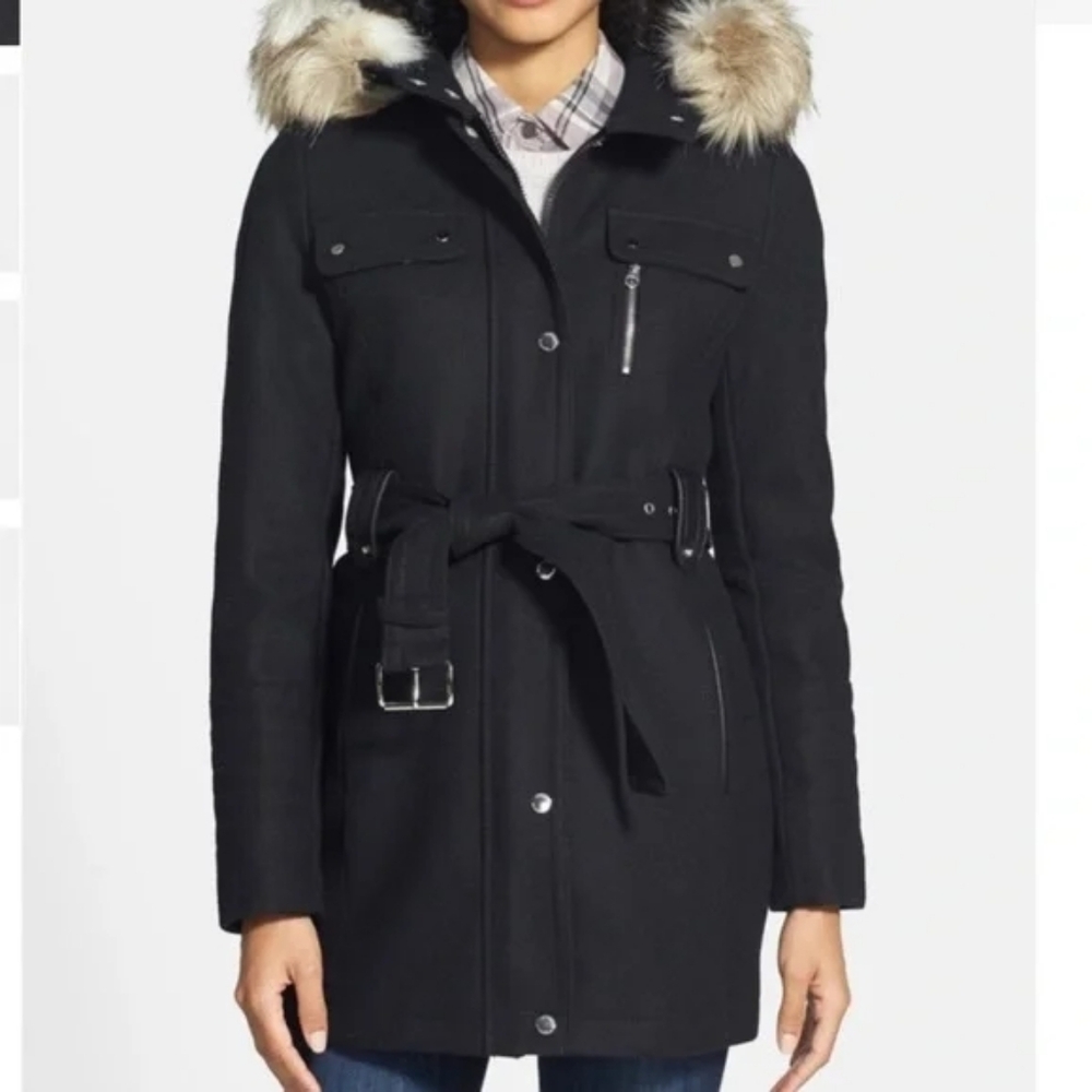 Laundry by Design Women's Medium Belted Wool Blend Coat w/ Faux Fur Hood Trim - Picture 3 of 16